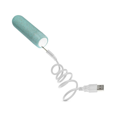 Blush Gaia Eco Rechargeable Bullet vibrator in aqua with USB charging cable connected on white background.