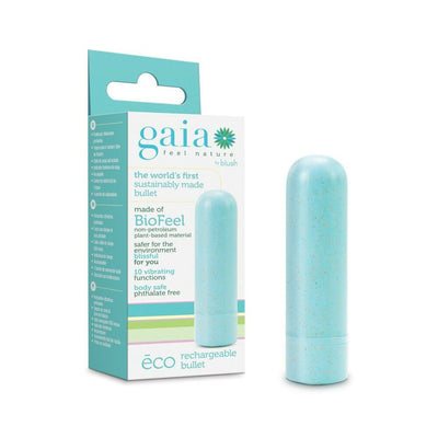 Blush Gaia Eco rechargeable bullet vibrator in aqua with sustainable BioFeel packaging displayed alongside product box.