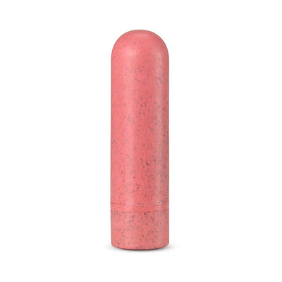 Coral-colored eco-friendly rechargeable bullet vibrator with a smooth, speckled plant-based bioplastic surface.