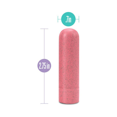 Coral-colored Blush Gaia Eco Rechargeable Bullet vibrator with speckled texture, measuring 2.75 inches by 0.7 inches.