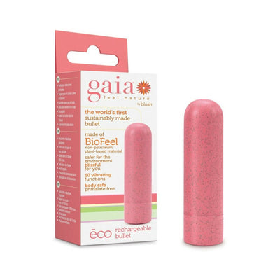 Coral-colored Blush Gaia Eco rechargeable bullet vibrator made from plant-based BioFeel material with packaging.