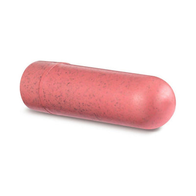 Coral-colored eco-friendly rechargeable bullet vibrator with a smooth, rounded design and speckled texture.