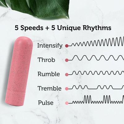 Coral-colored Blush Gaia Eco Rechargeable Bullet with 5 speeds and 5 unique vibration rhythms displayed on marble background.