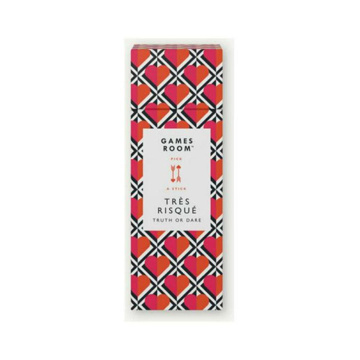 Games Room Très Risqué Truth or Dare pick-a-stick game box with red and pink heart pattern design.