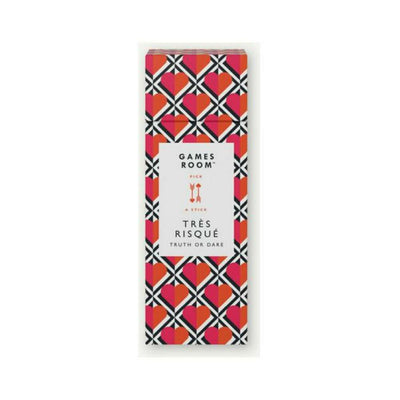 Games Room Très Risqué Truth or Dare pick-a-stick game box with red and pink heart pattern design.