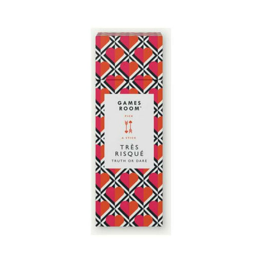 Games Room Très Risqué Truth or Dare pick-a-stick game box with red and pink heart pattern design.