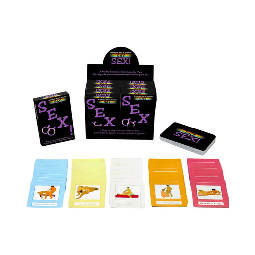 Gay Sex Card Game box with colorful illustrated cards laid out, featuring various intimate positions and playful designs.
