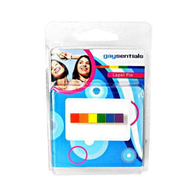 Gaysentials lapel pin featuring a horizontal rainbow bar in vibrant pride colors, packaged on a blue card with smiling faces.