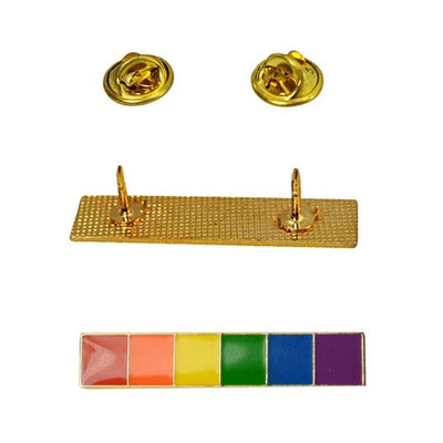 Rainbow bar lapel pin with six colorful enamel squares and gold backing with two butterfly clasps.