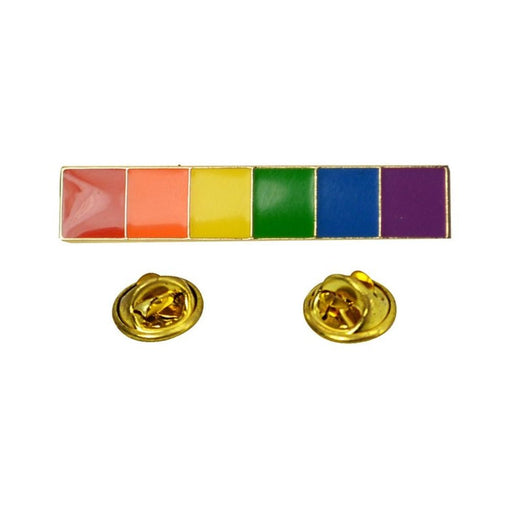 Rainbow bar lapel pin with six colorful enamel squares and two gold butterfly clutch backs on white background.