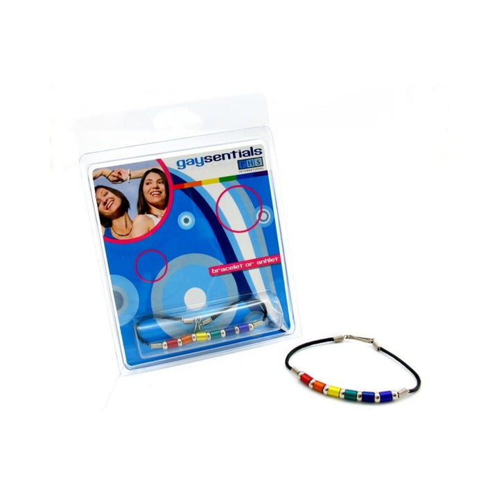Gaysentials Rainbow Aluminum Tube Bracelet with colorful beads and black cord, shown with original blue packaging.