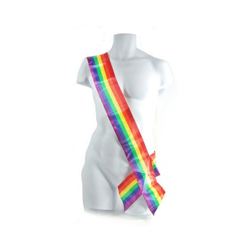 Rainbow satin sash draped over a white mannequin torso, featuring vibrant pride colors in a diagonal design.