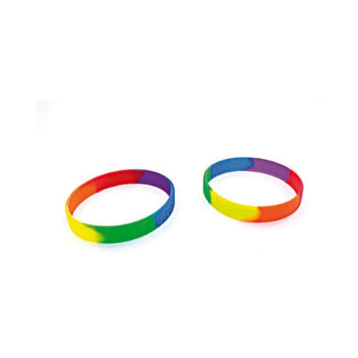Two vibrant rainbow-colored silicone bracelets on a white background, showcasing a smooth, durable finish.