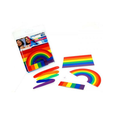 Gaysentials Sticker Pack A with four colorful rainbow-themed stickers including a squiggle, flag, arch, and mini strip designs.