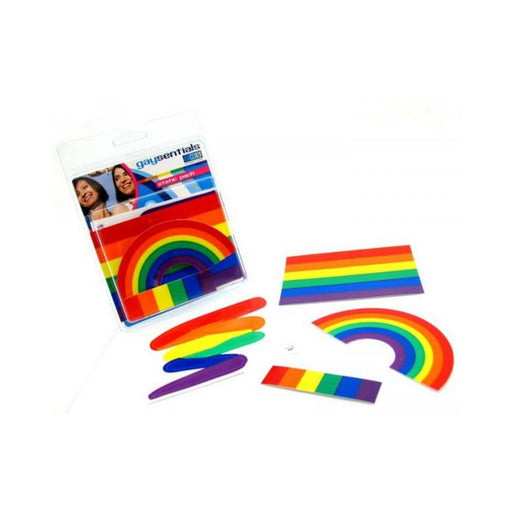 Gaysentials Sticker Pack A with four colorful rainbow-themed stickers including a squiggle, flag, arch, and mini strip designs.
