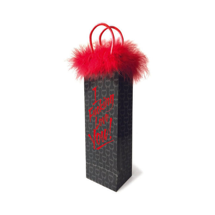 Black wine gift bag with red "I F*cking Love You!" text and red feather trim on top with matching handles