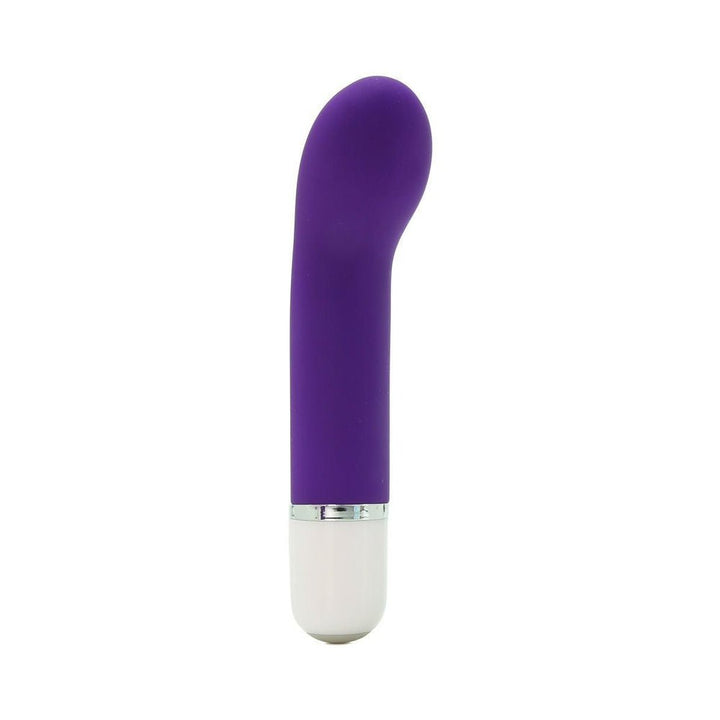 Purple curved silicone mini vibrator with white base and silver accent ring on a white background.
