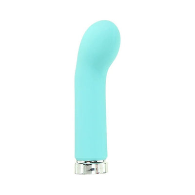 VeDO Gee Plus rechargeable curved vibrator in soft blue silicone with silver base, designed for targeted stimulation.