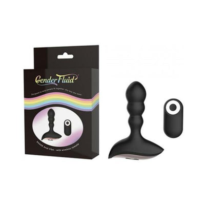 Black silicone anal vibe with remote control and Gender Fluid branded packaging featuring a rainbow design.