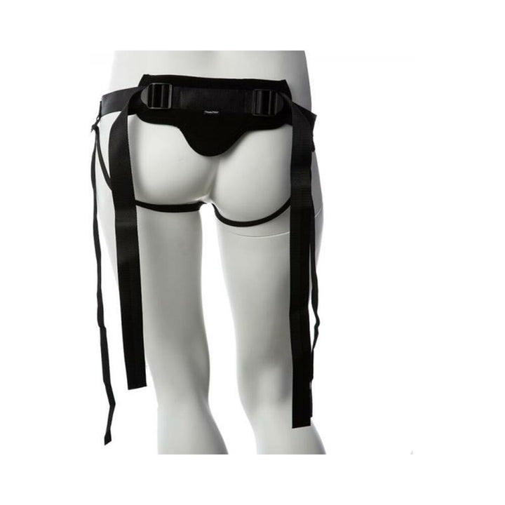 Back view of black adjustable gender fluid Skylar strap-on harness on mannequin with long side straps.