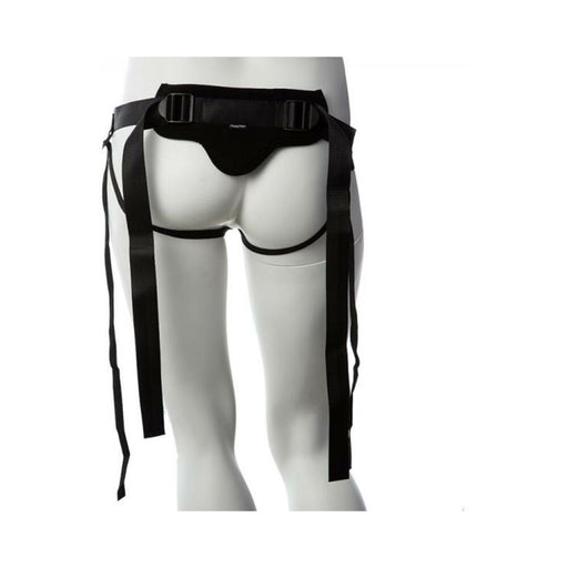 Back view of black adjustable gender fluid Skylar strap-on harness on mannequin with long side straps.