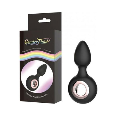 Black silicone anal plug with a rose gold ring base, shown next to its Gender Fluid branded packaging.