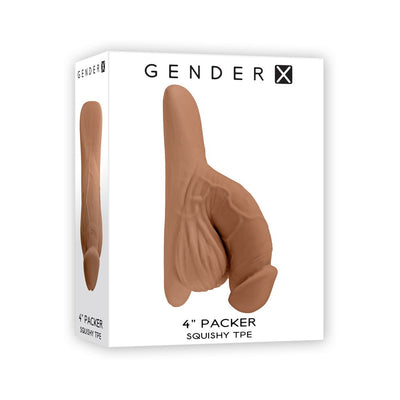 Packaging box showing a medium 4-inch realistic brown silicone packer with textured veins and balls by Gender X.