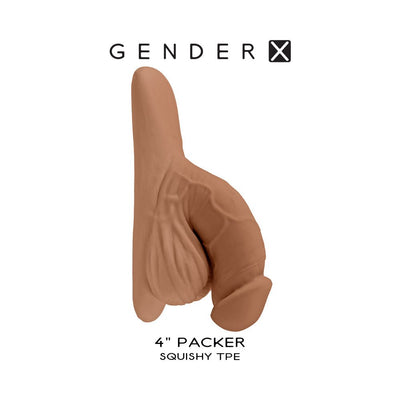 Realistic 4-inch medium brown silicone packer with textured veins and balls, designed for a natural look and feel.