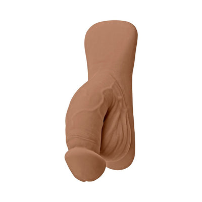 Realistic medium-sized brown silicone packer with textured veins and flexible design for secure fit in underwear.