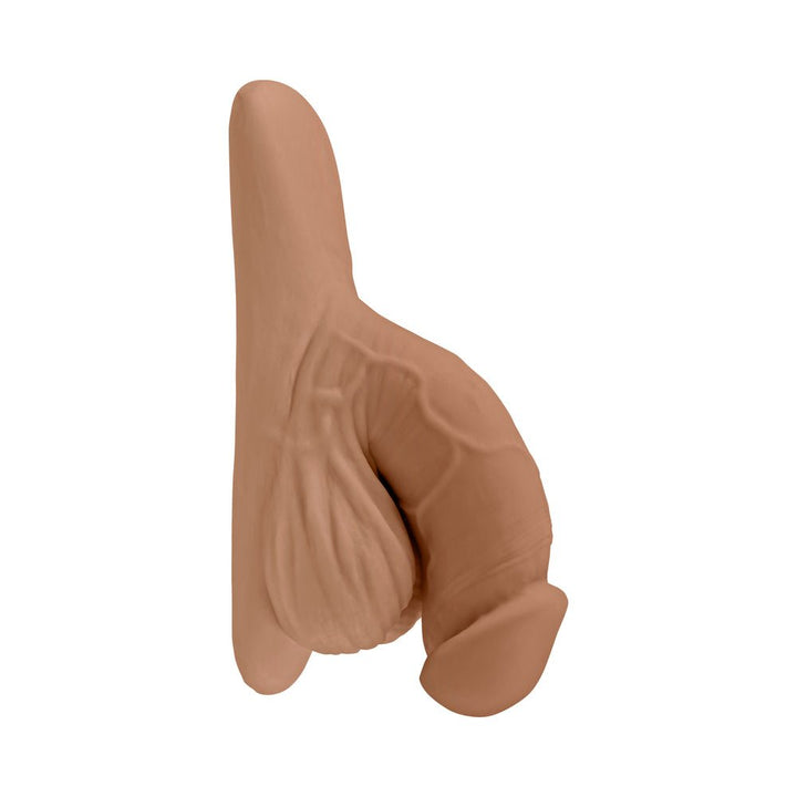 Realistic medium-sized brown silicone packer with textured veins and scrotum detail, designed for secure wear in underwear.