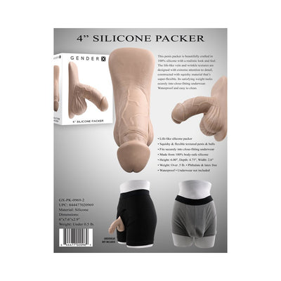 Packaging and product image of Gender X 4-inch silicone packer with detailed texture, shown in black and gray underwear on mannequins.