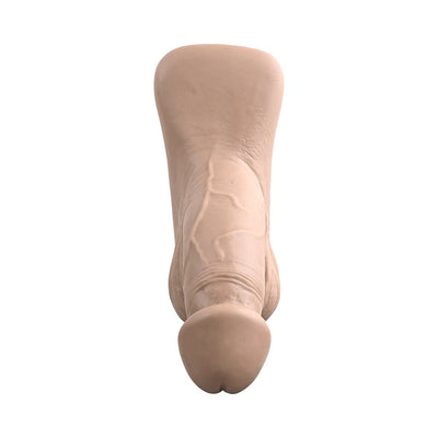 Realistic skin-toned silicone packer with textured veins and wrinkles, designed for secure, comfortable wear.