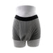 Gray boxer briefs fitted with a 4-inch silicone packer on a white mannequin torso.