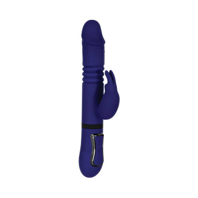 Purple all-in-one thrusting rabbit vibrator with textured shaft and dual stimulation design on white background.