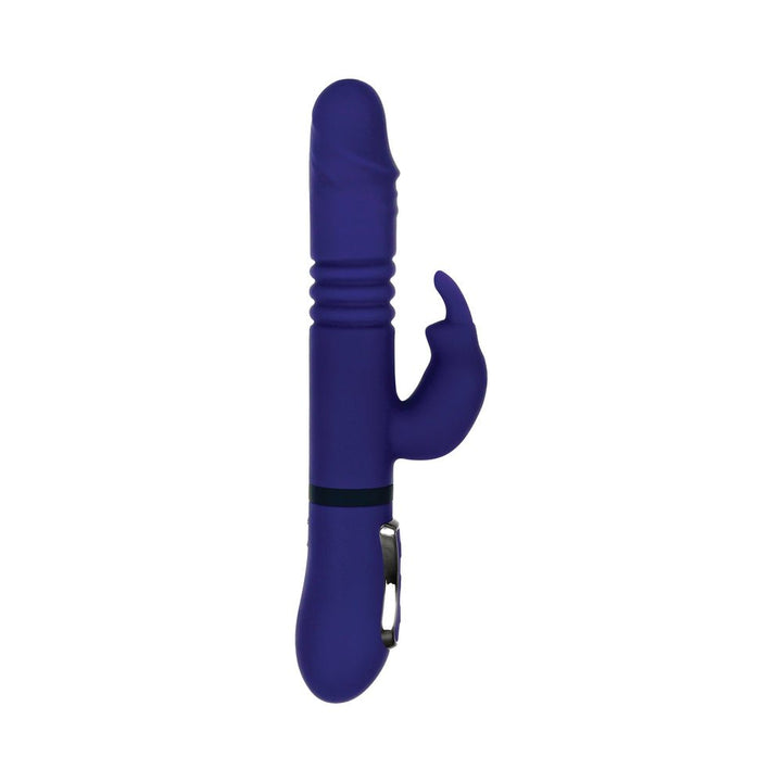 Purple all-in-one thrusting rabbit vibrator with textured shaft and curved clitoral stimulator.