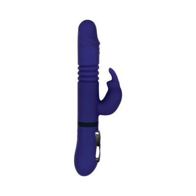 Purple all-in-one thrusting rabbit vibrator with textured shaft and curved clitoral stimulator.