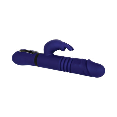 Purple all-in-one thrusting rabbit vibrator with textured shaft and flexible clitoral stimulator.