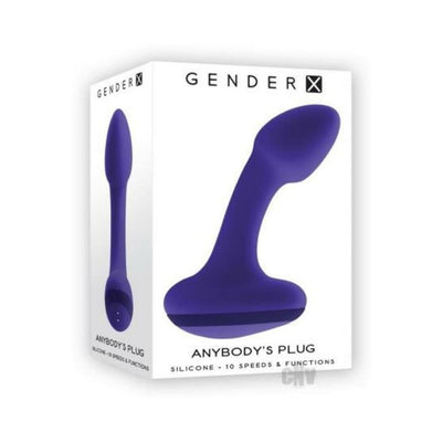 Purple silicone Gender X Anybody's Plug with 10 vibration speeds shown on white product packaging box.