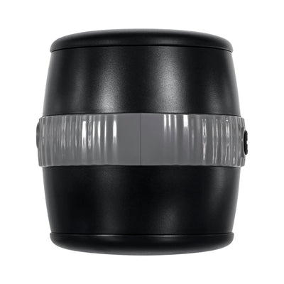 Black and gray barrel-shaped stroker with textured grip band and snap-on covers on both ends.