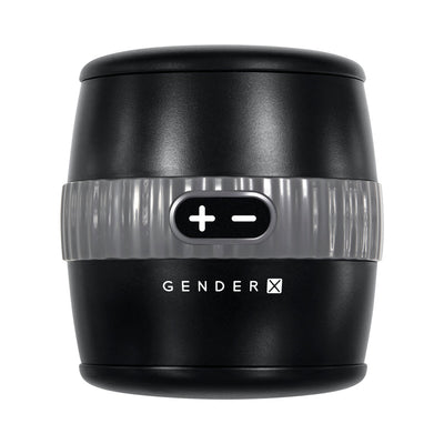 Black Gender X Barrel Of Fun stroker with ribbed gray center grip and plus-minus control buttons on front.