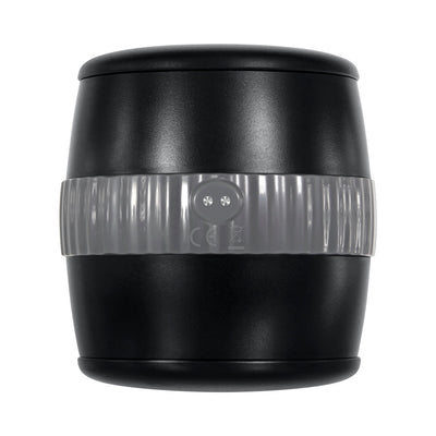 Black barrel-shaped stroker with textured gray grip band and snap-on covers on both ends.