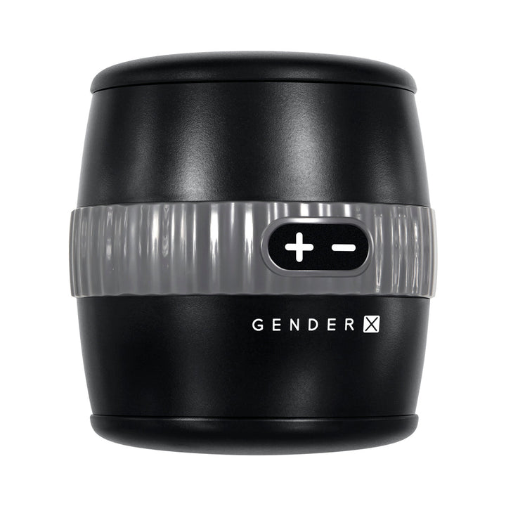 Black Gender X Barrel Of Fun stroker with gray textured grip and plus minus control buttons on front.