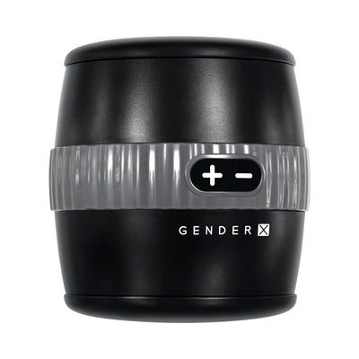 Black Gender X Barrel Of Fun stroker with gray textured grip and plus minus control buttons on front.
