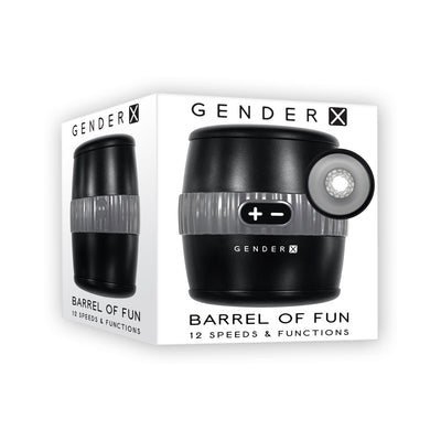 Packaging box of Gender X Barrel Of Fun Stroker in black with image of the product and details on 12 speeds and functions.