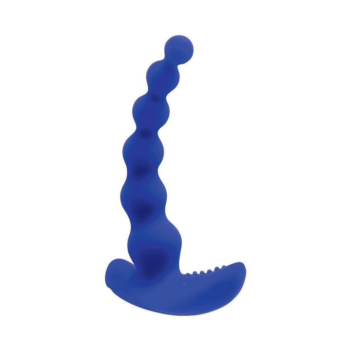 Blue silicone beaded vibrator with curved shaft and textured base for ergonomic use.