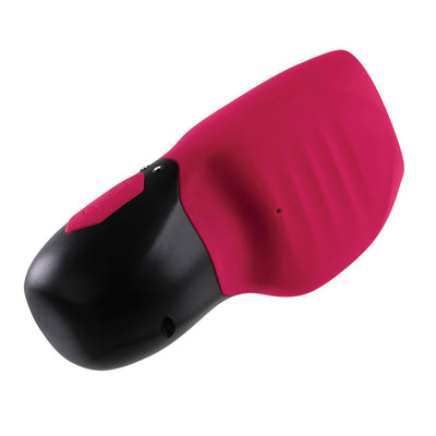 Red and black rechargeable silicone suction and vibrating massager with dual controls and ergonomic design.