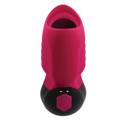 Red and black silicone suction toy with textured sides and two-button control panel, designed for versatile stimulation.