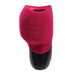 Red and black rechargeable silicone suction and vibrating massager with ergonomic design and control buttons.