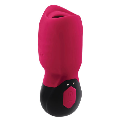 Red and black rechargeable silicone suction and vibrating massager with dual control buttons.