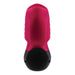 Red and black silicone suction and vibrating massager with ergonomic shape and two-button control panel.